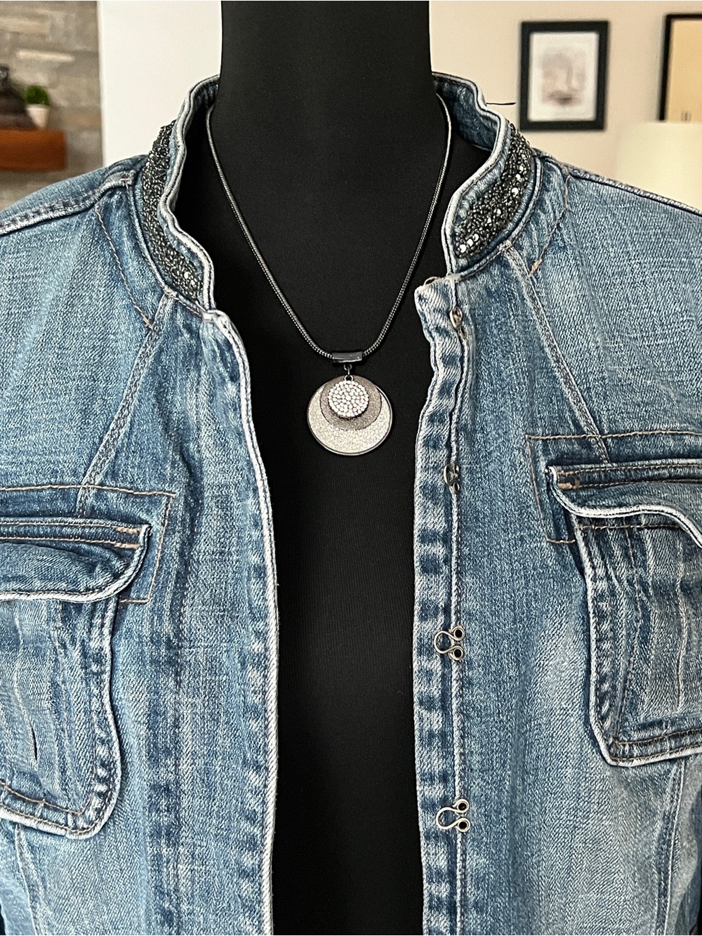 Washed Blue Denim Jacket with Bead-Trim Stand Collar - Picture 9 of 15